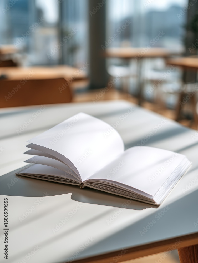 Fototapeta premium Blank open notebook on table in sunlit room.
