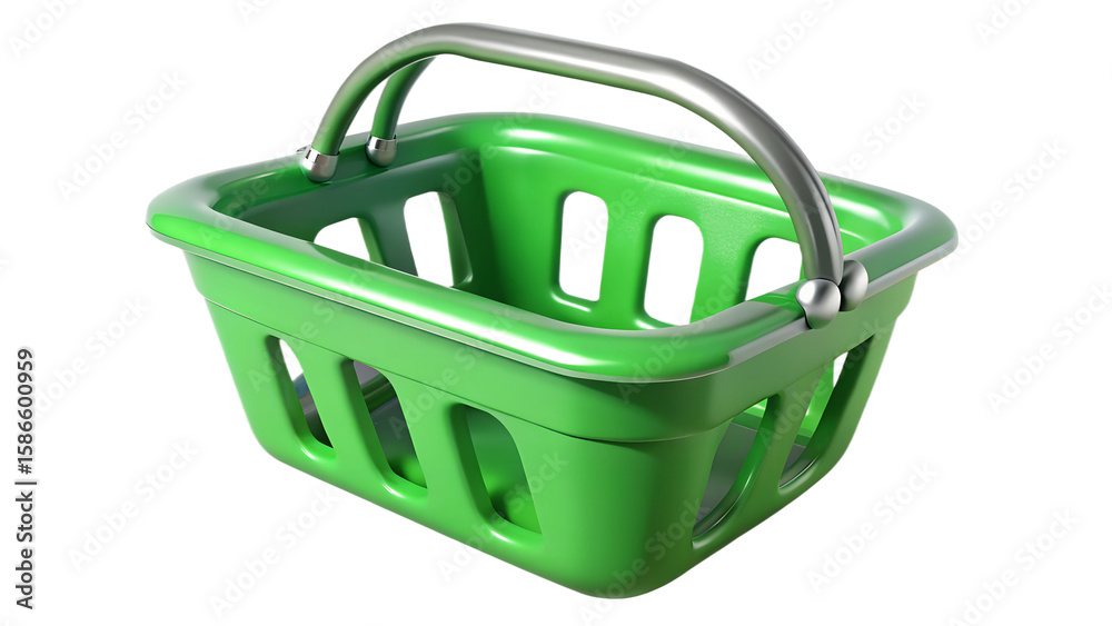 Fototapeta premium Shiny green plastic shopping basket with a metallic handle isolated on a black background