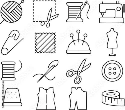 Sewing line icon set. Handicraft, knitting, sewing, tailor, fabric, threads, sewing machine, needle, pattern, mannequin and more. Outline vector icon in linear style. Pictogram collection