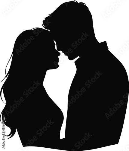 A black silhouette of a loving couple embracing each other, with heads touching, isolated on a white background, symbolizing romance, affection, and togetherness.