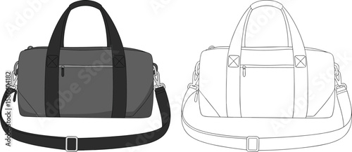 Professional Duffle Bag Flat Sketch Template: Stylish Sports Gym Travel Bag Design with Adjustable Shoulder Strap and Front Zipper Pocket for Fashion Technical Drawing and Product Development