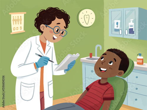 Illustration of dentist examining young patient for dental care and checkup appointment in clinic office