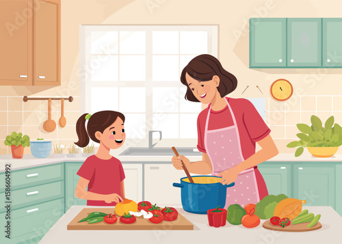 Cooking with kids kitchen scene mother and daughter preparing healthy food vegetables together at home happy family