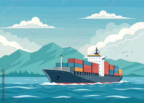 Container ship illustration transporting cargo across ocean with mountains in background vector art design