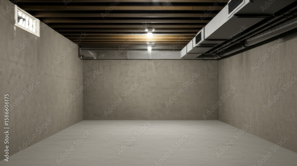 Obraz premium Empty unfinished basement with concrete walls and exposed ceiling beams