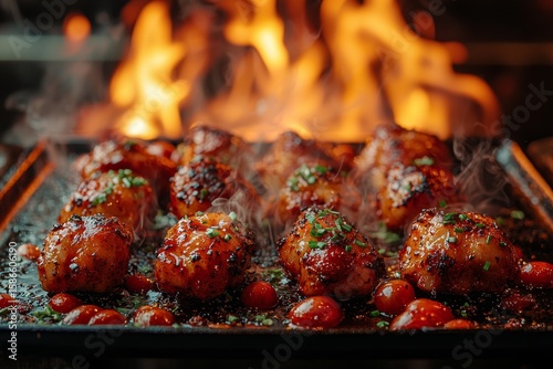 Close-up of baked meat on the fire.