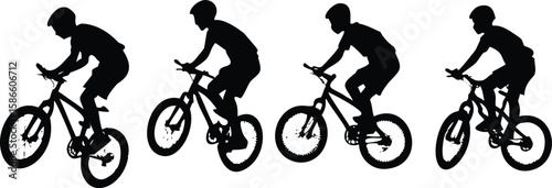 Boy Performing Bicycle Wheelie Silhouette, 4-Stage Vector Stunt Sequence