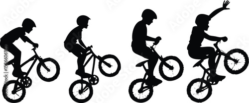 Boy Performing Bicycle Wheelie Silhouette, 4-Stage Vector Stunt Sequence