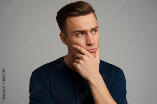Man in deep thought with hand on face, looking aside