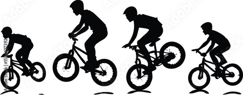 Boy Performing Bicycle Wheelie Silhouette, 4-Stage Vector Stunt Sequence