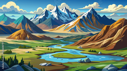 Tavan Bogd National Park, Bayan-Ölgii, Mongolia – Vast steppes, glaciers,shape this rugged and majestic terrain. The Altai Mountains offer raw and noble vector potential.