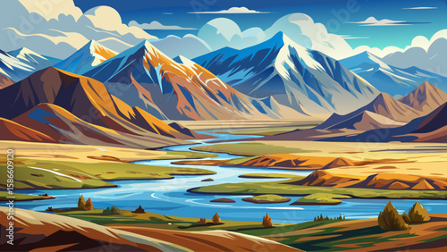 Tavan Bogd National Park, Bayan-Ölgii, Mongolia – Vast steppes, glaciers,shape this rugged and majestic terrain. The Altai Mountains offer raw and noble vector potential.