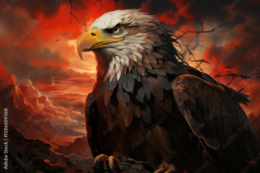 Fototapeta premium A powerful and proud eagle is depicted against a dramatic sunset sky with fiery red clouds. 