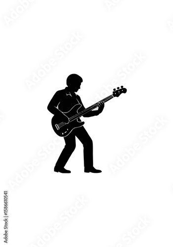 Silhouette of a Bass Guitarist in Action Playing Rhythmic Lines on Stage Isolated on White for Music Performance and Band Illustration Concepts