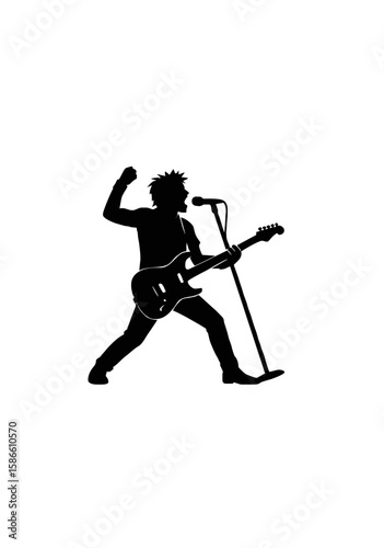 Silhouette of Punk Rocker Singing and Playing Electric Guitar on Stage in Dynamic Pose for Concert and Music Festival Themes