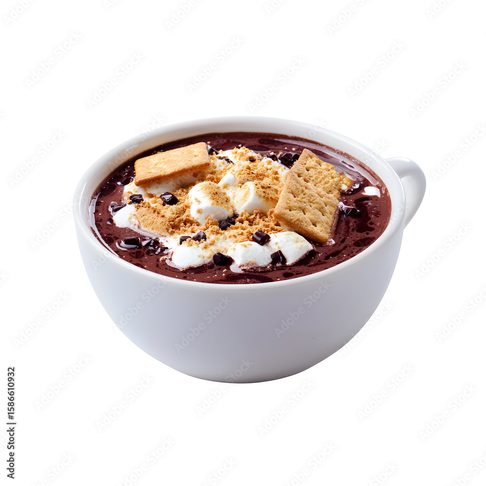 Delicious chocolate pudding with marshmallows and biscuits in white ceramic cup Delicious chocolate pudding with marshmallows and biscuits in white ceramic cup