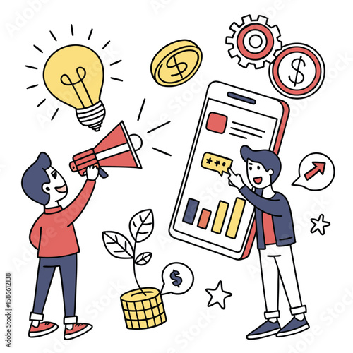 Businessman with megaphone cartoon vector illustration icon with doodle people and business symbols