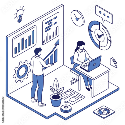 Business people working on laptops and computers in an office cartoon vector illustration