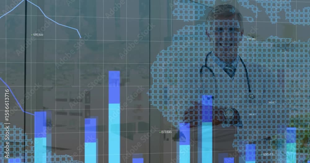 Doctor standing as grid appearing, bars rising, nodes forming world map ...