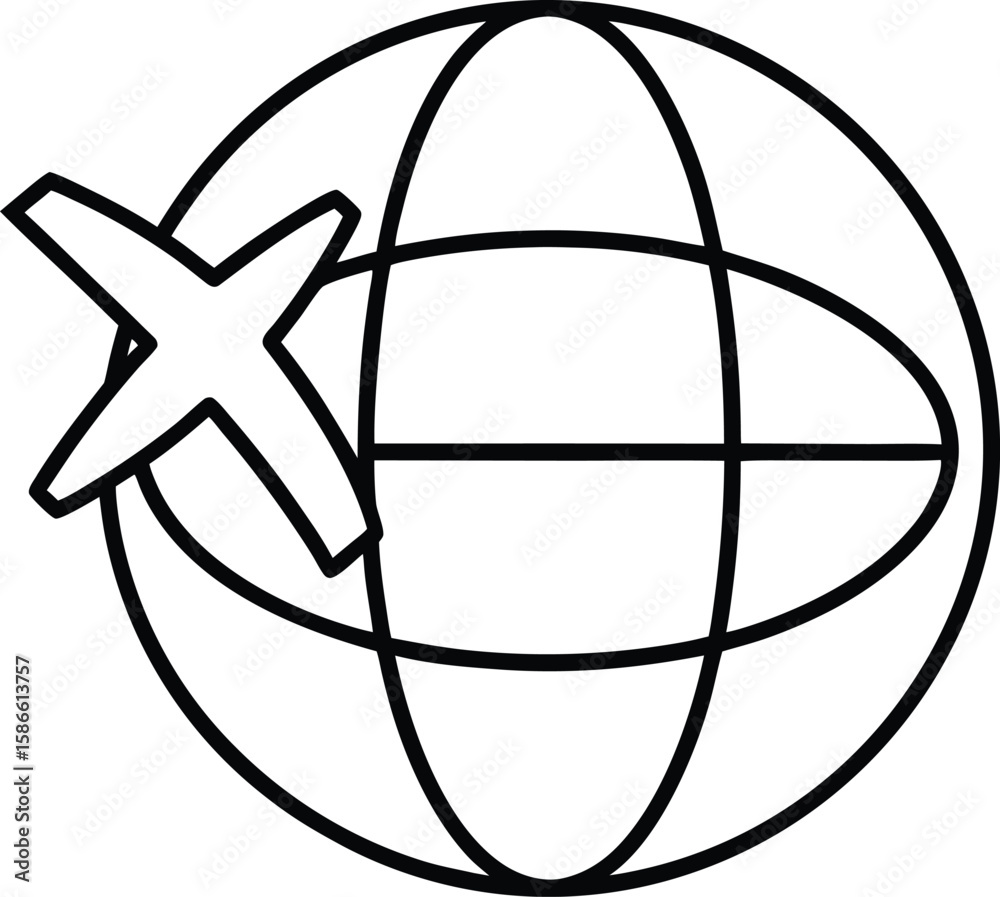 Naklejka premium Simple line icon of a globe with a circling airplane isolated on transparent background