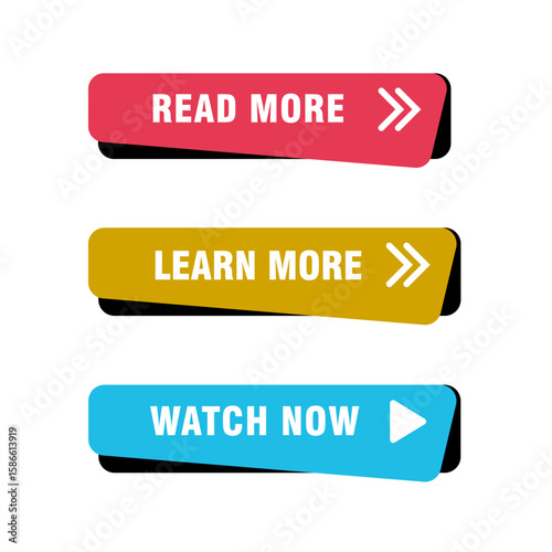 Flat Button Set with Read More, Learn More, and Watch Now Labels for Web and App UI Design