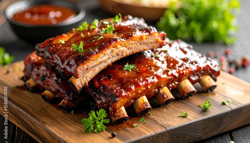 Stacked BBQ ribs on a wooden board