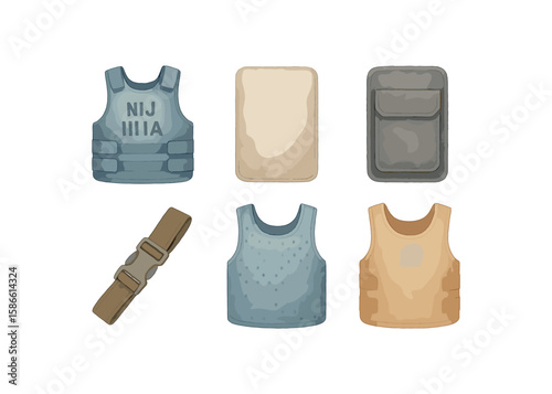 Protective gear collection: body armor, plates, and straps for safety