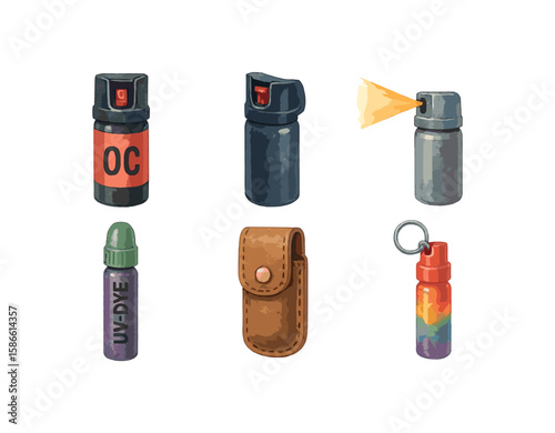 Assorted pepper spray bottles and case illustration