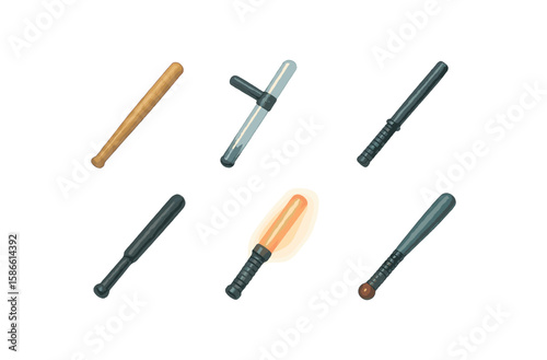 Variety of batons and nightsticks collection on white background