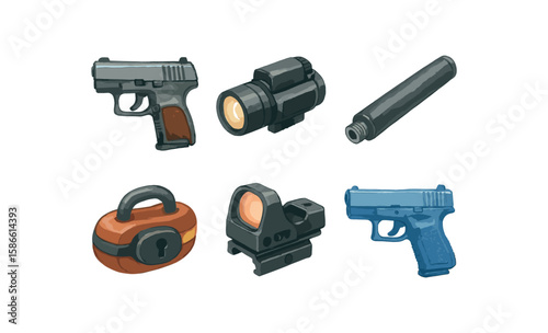 Collection of handguns and accessories - pistols, silencer, laser sight, lock