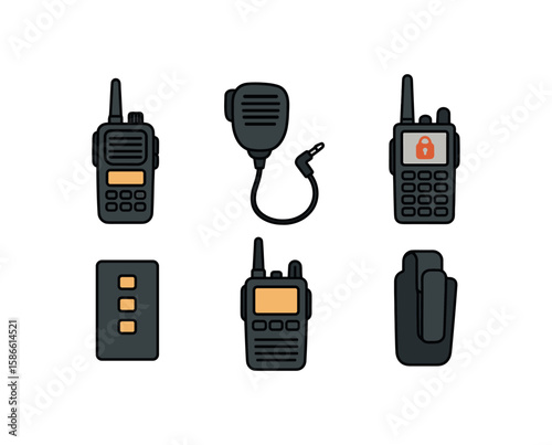 Two-way radio icons: walkie-talkie, microphone, speaker, and clip illustrations