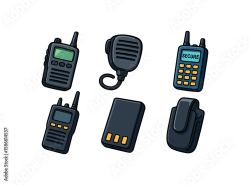 Radio communication devices: transceiver, microphone, secure radio, battery, clip
