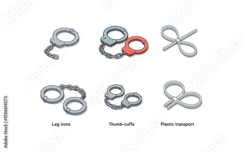 Police restraints illustration: leg irons, thumb-cuffs, plastic transport ties