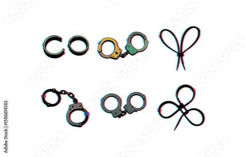 Abstract anaglyph handcuffs and cables in geometric formation