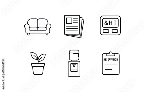 Minimalist outline icons: couch, newspapers, vintage clock, plant, water cooler, reservation clipboard