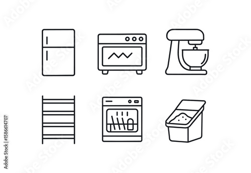 Household appliance icons set: fridge, oven, mixer, towel rack, dishwasher, litter box