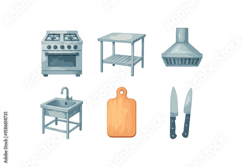 Kitchen essentials - stove, table, hood, sink, cutting board, knives