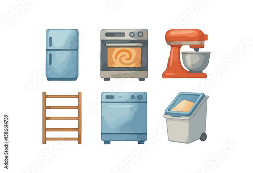 Watercolor kitchen appliances set: fridge, oven, mixer, ladder, dishwasher, trash bin