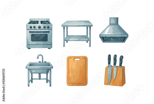 Watercolor kitchen utensils set: stove, table, hood, sink, cutting board, knife block