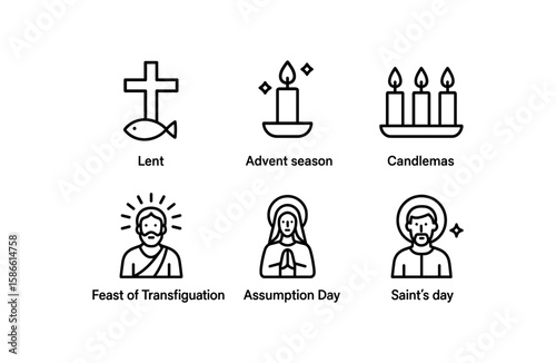 Religious symbols: lent, advent season, candlemas, feast of transfiguration, assumption day, saint's day icons
