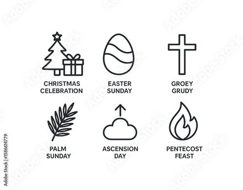 Religious holiday symbols: christmas, easter, palm sunday, ascension, pentecost