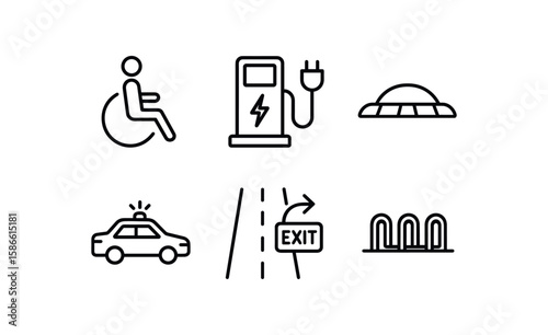 Charging station, road exit sign, accessible icon, taxi, ufo, bike rack symbols