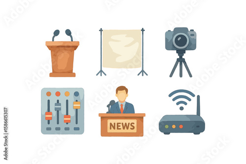 News media icons set with male reporter and equipment