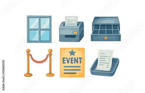 Box office elements collection: ticket, window, event sign, and barricade