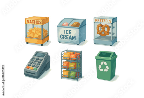 Cartoon snack kiosk items: nachos, ice cream, pretzels, payment terminal, bags, recycling bin