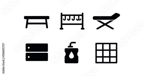 Icons of bench, coat rack, lounge, server, soap dispenser, grid