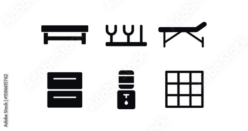 Set of six fitness and office equipment icons in black and white