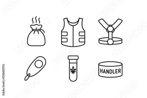Icons of dog-related items: bag, vest, harness, clicker, test tube, handler
