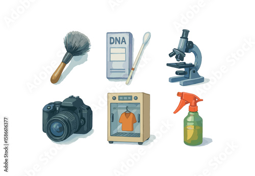 Forensic tools illustration: microscope, dna test kit, camera, swab, cleaning brush, spray bottle