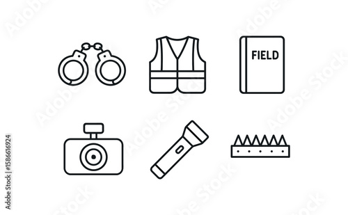 Law enforcement equipment icons: handcuffs, vest, field book, camera, flashlight, spike strip